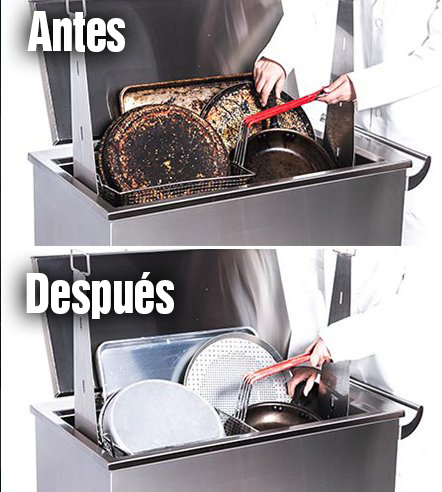 Antes y después con Spectank: desincrustado profesional de ollas y bandejas en hostelería – TERECO Canarias